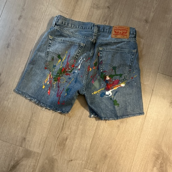 Levi's Blue and Red Jean Shorts with Distressed Paint Splatter - Picture 2 of 5